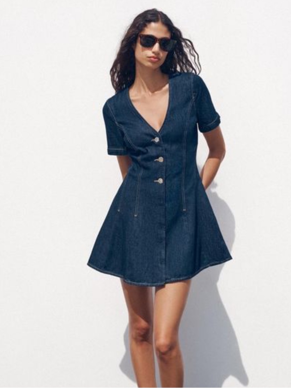 Zara Navy Denim V-Neck Mini Dress